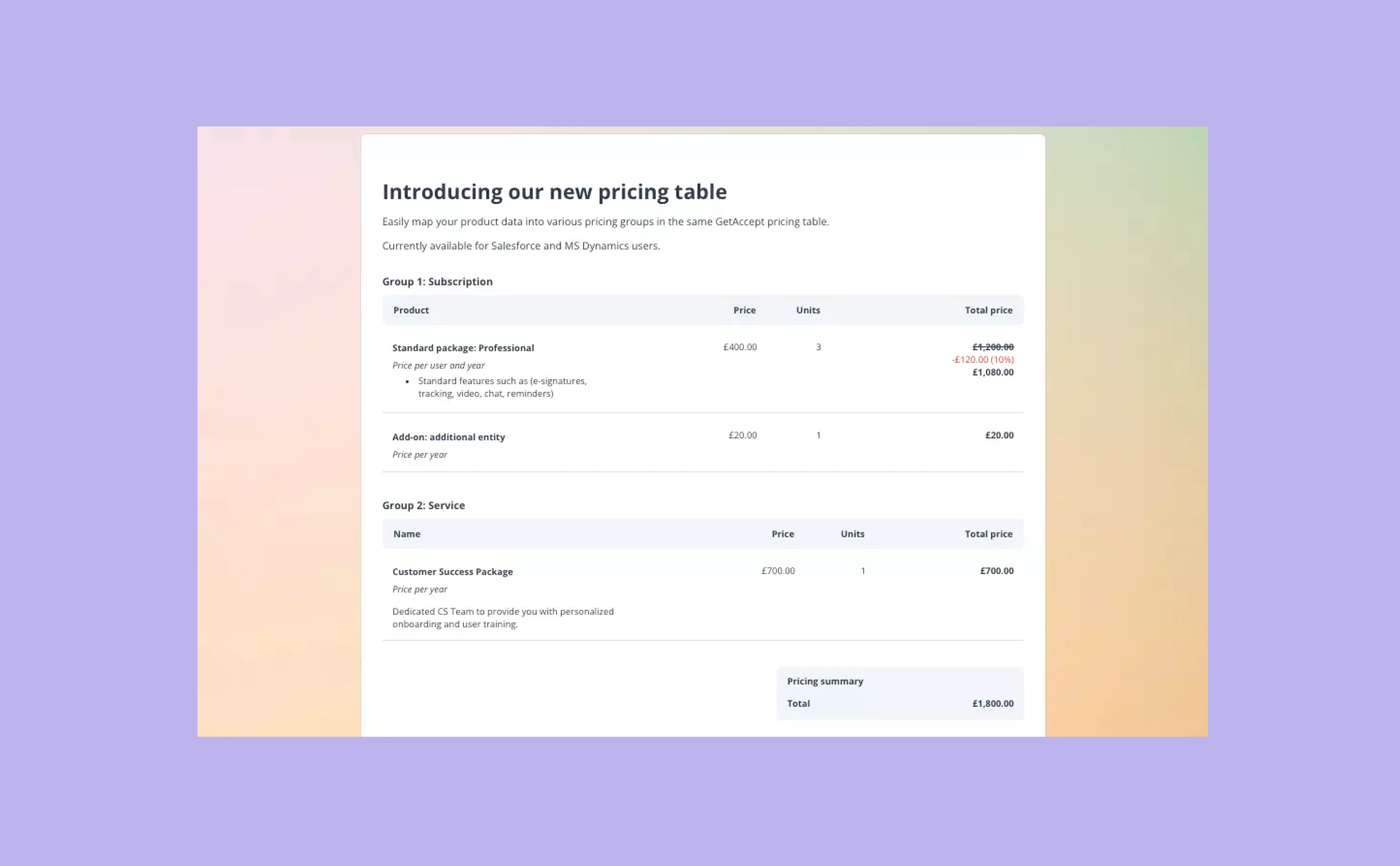 Display your products into different pricing tables and groups