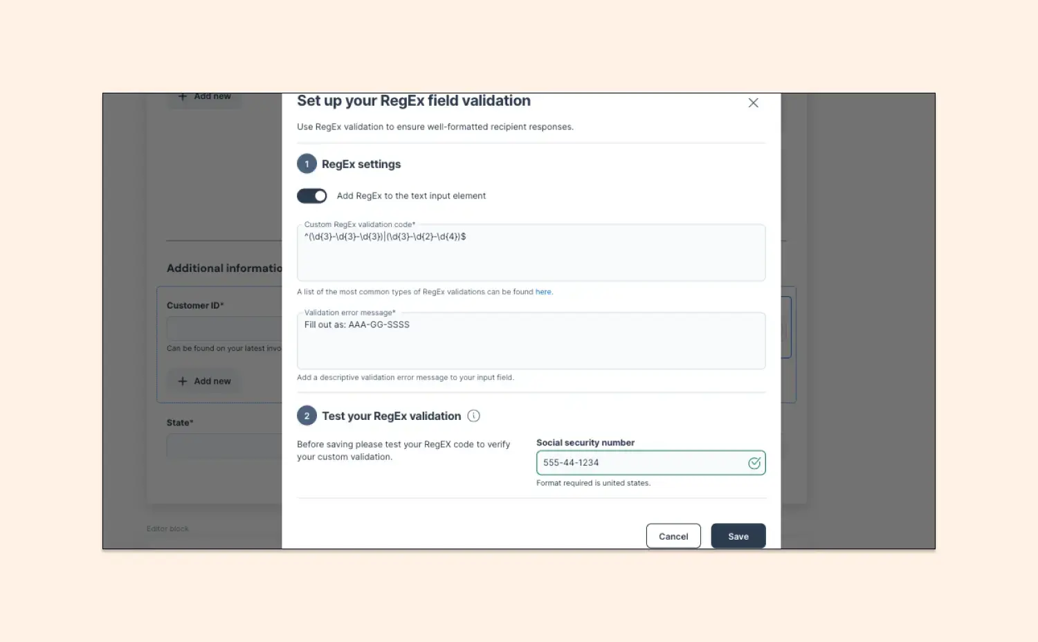 Introducing regular expressions and character conditions for form fields 