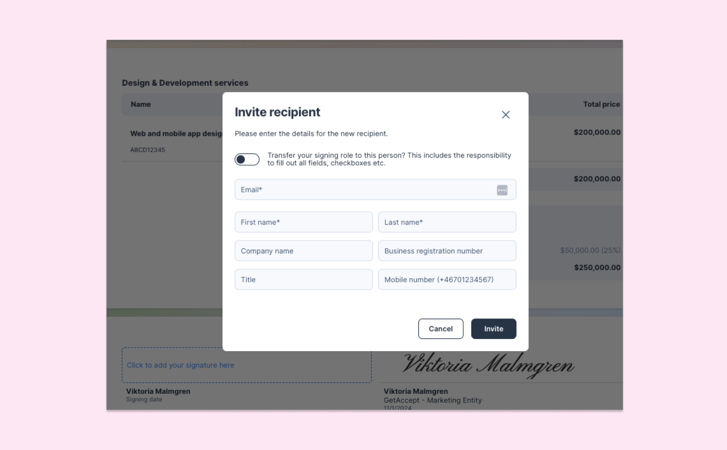 Simplified signature transfer, and enhanced activity overview for recipients 