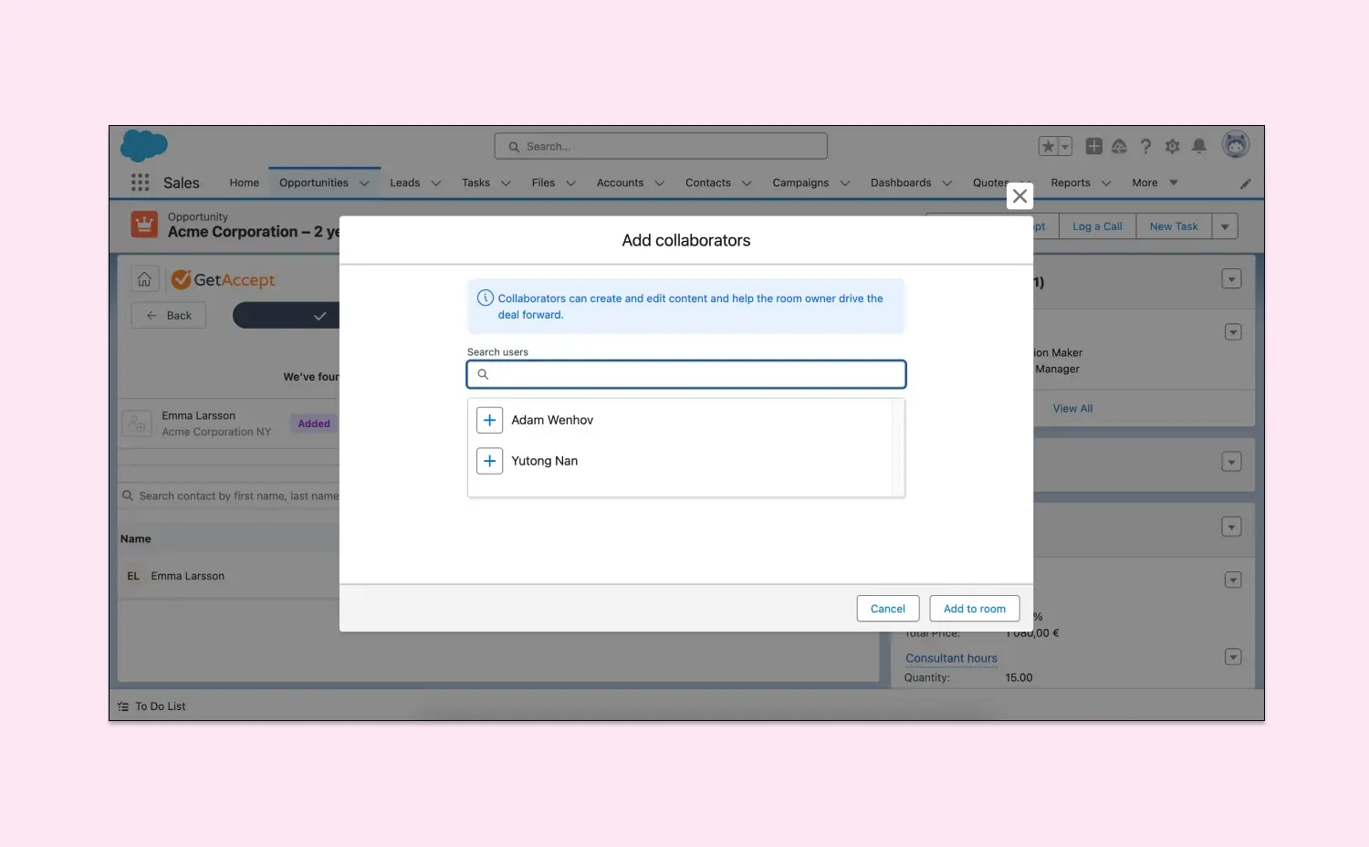 Add collaborators to your rooms directly within Salesforce