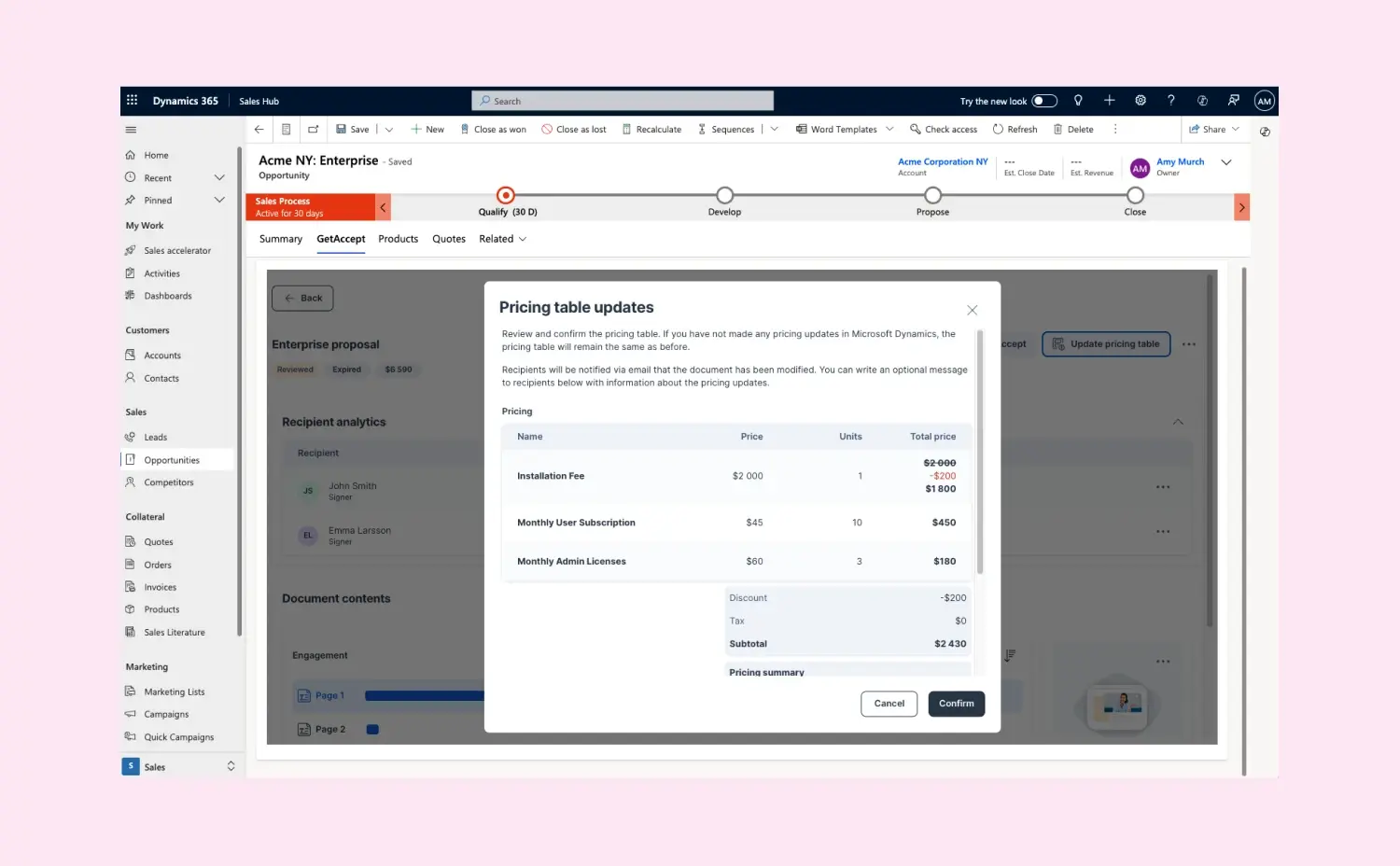 Edit your quotes and pricing tables within your CRM