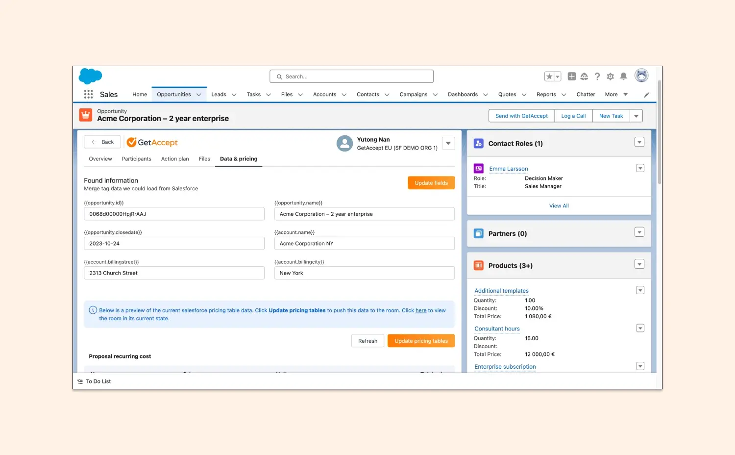 Update merge data from Salesforce to GetAccept rooms with one click